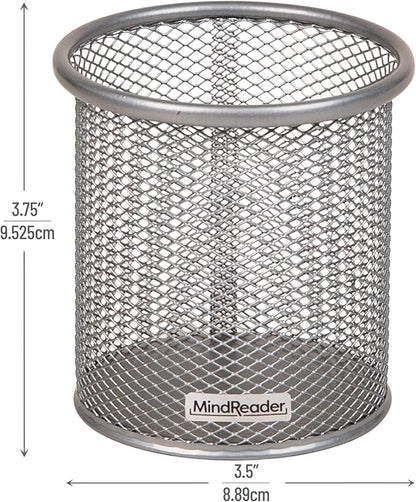 Mind Reader Pen and Accessories Holder, Desktop Organizer, Office, Metal Mesh, 3.5"L x 3.5"W x 3.75"H, Set of 3, Silver