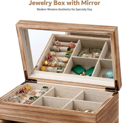 Meangood Jewelry Box Organizer for Women, 2 Layer Large Jewelry Storage Case, Rustic Wooden Jewelry Box with Mirror & Ring Tray for Necklace Earring Bracelets Rings, Vintage Style (Torched Wood)