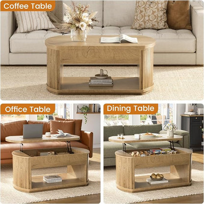 FABATO Oval Lift Top Coffee Table with Storage, Mid Century Modern Coffee Table for Living Room, 2 Tier Center Table with Lift-Top, 41.7" Fluted Wood Table for Reception Room, Home Office, Wood