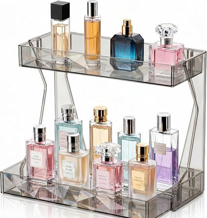 Perfume Organizer for Vanity, Premium Clear Acrylic Makeup Organizer Countertop with Non-Slip Trays, Easy 30-Second Assembly, Holds 12–16 Bottles for Bathroom & Dresser (Dark Diamond)