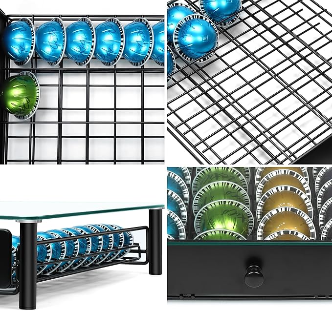 ROWISE Coffee Pod Drawers, Crystal Tempered Glass Pod Holder Drawer Compatible with Nespresso Capsules, Holds Up to 40 Capsules, Size 14"x15.5"x4.5"