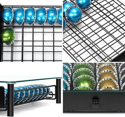 ROWISE Coffee Pod Drawers, Crystal Tempered Glass Pod Holder Drawer Compatible with Nespresso Capsules, Holds Up to 40 Capsules, Size 14"x15.5"x4.5"