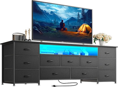Huuger 63 Inch TV Stand for 65, 70 Inch TV, 11 Drawer Long Dresser with Power Outlets and LED Lights, Entertainment Center with Storage, Black Dresser with PU Leather Surface