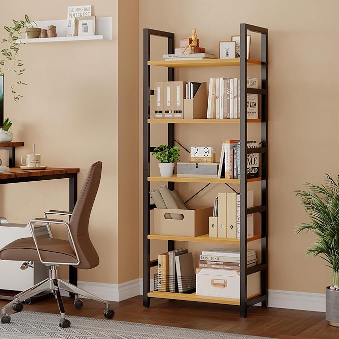DUMOS 5-Tier Bookshelf, Modern Tall Bookcase, Open Storage Display Shelf for Living Room, Bedroom, Home Office, Narrow Standing Shelving Unit for Books, CDs, Décor，Wood