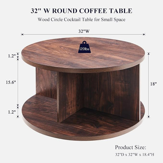JXQTLINGMU Round Coffee Table for Living Room, 32" Modern Center Table with Cross Support Structure & Open Storage Cubby, Wood Circle Cocktail Table for Small Space, Apartment, Dark Walnut