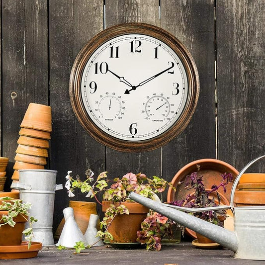 16 Inch Large Outdoor Wall Clock,Waterproof Vintage Non-Ticking Clock with Thermometer and Hygrometer Combo,Battery Operated Clock Wall Decorative- Bronze