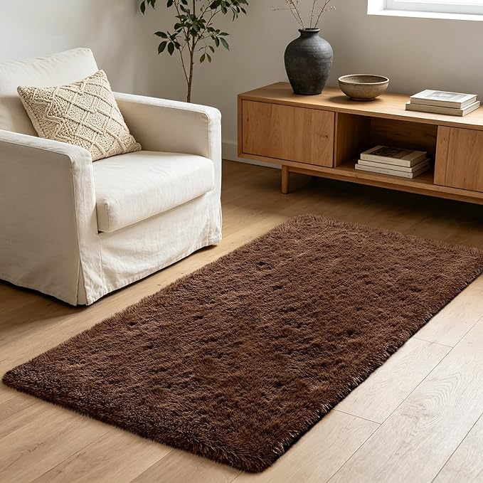 Shag Runner Rug for Bedroom Living Room 2x6 Upgrade Non-Slip Fluffy Soft Bedside Rugs,Brown Shaggy Carpet for Livingroom Dorm Home Decor Aesthetic