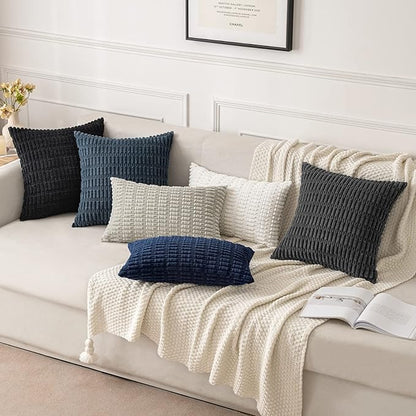 MIULEE Pack of 2 Corduroy Decorative Euro Sham Throw Pillow Covers 24x24 Inch Soft Boho Striped Pillow Covers Modern Farmhouse Home Decor for Summer Coastal Sofa Living Room Couch Bed Dark Blue