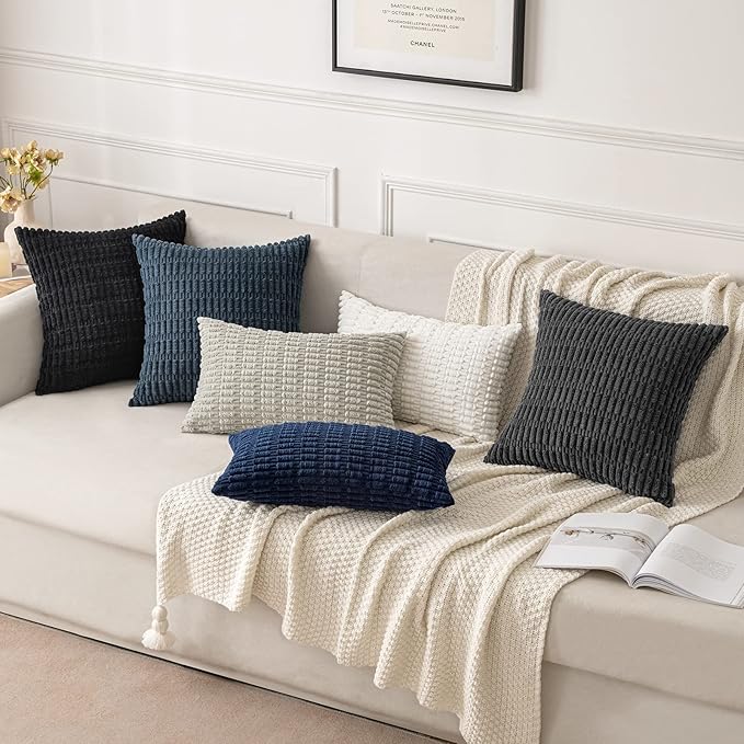MIULEE Pack of 2 Corduroy Decorative Throw Pillow Covers 16x16 Inch Soft Boho Striped Pillow Covers Modern Farmhouse Home Decor for Sofa Living Room Couch Bed Pure White