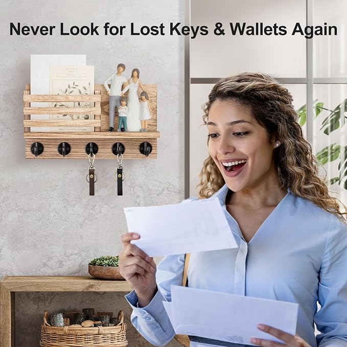 Lwenki Key Holder for Wall – Decorative Wooden Mail Holder and Key Shelf with Mounting Hardware, Installation Guide – Paulownia Wood with Metal Key Hooks (Wood, Large - 11.8inch)