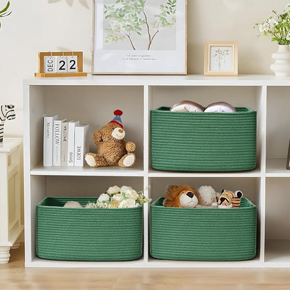 2 Pack Large Storage Basket for Organizing, 17.5"x13.5"x7.5" Woven Basket for Shelves, Closet Cube Storage Bins with Wrapped Handle, Cotton Rope Baskets for Kitchen, Clothes, Toys(Green)