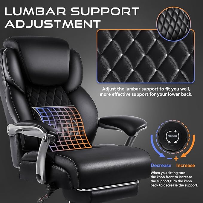 VITESSE Big and Tall Office Chair with Footrest and Lifting Headrest,Leather Chair for Heavy People,Executive Office Chair,Adjustable Lumber Support 600LBS
