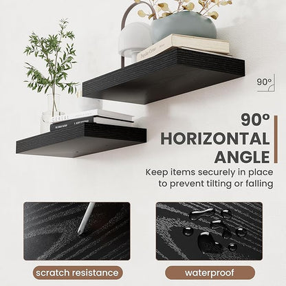 Acovy 24 Inch Floating Shelves, 8 Inch Deep Floating Shelves for Wall, Hanging Shelf with Invisible Brackets, Deep Shelves for Bathroom, Bedroom, Living Room, Black, Set of 2
