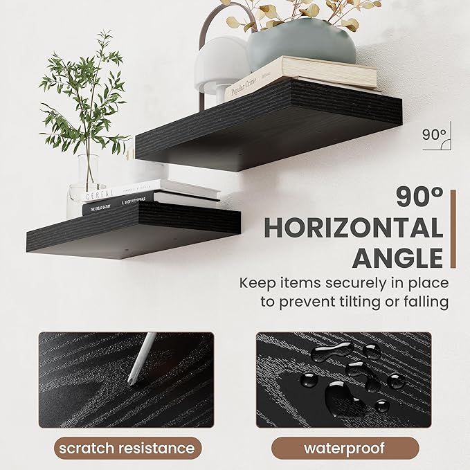 Acovy 40 Inch Floating Shelves, 8 Inch Deep Floating Shelves for Wall, Hanging Shelf with Invisible Brackets, Deep Shelves for Bathroom, Bedroom, Living Room, Black, Set of 2