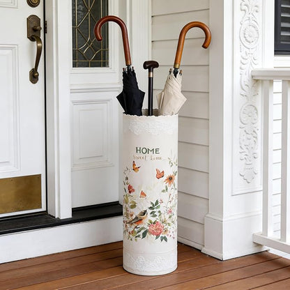 Vintage Metal Round Umbrella Holder Decorative Flower Design Umbrella Stands Entryway Organizer Bucket for Home/Office/Farmhouse - Holds Multiple Umbrellas, Walking Sticks & Canes Flower Pink