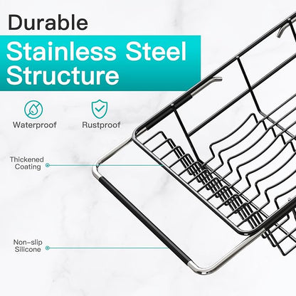JASIWAY Black Sink Dish Drying Rack with Drainboard, Expandable Stainless Steel Dish Drainers for Kitchen Counter, Space Saving Dish Dryer Rack, Over The Sink Dish Racks with Utensil Holder