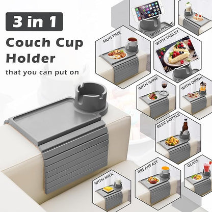 GHKINMAL Couch Cup Holder Tray, Large Couch Arm Table with 360° Ratated Phone Holder, 3 in 1 Bamboo Sofa Armrest Tray with Anti-Slip Couch Organizer for Remote,Cellphone,Snacks