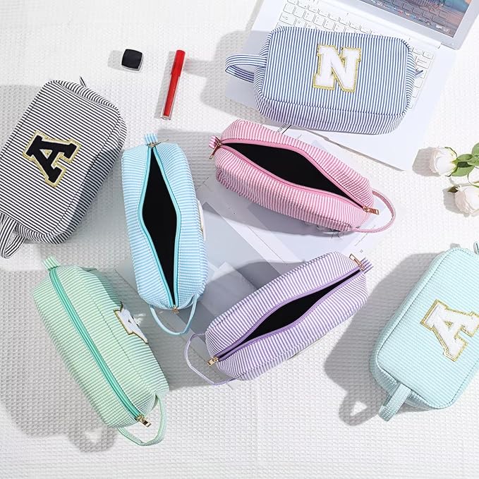 YOOLIFE Initial Cosmetic Bag for Women - Monogram Cute Makeup Bag Cosmetic Case Toiletry Pouch for Women Her Best Friend Sister Teacher, Personalized Birthday Gifts for Women, Blue I