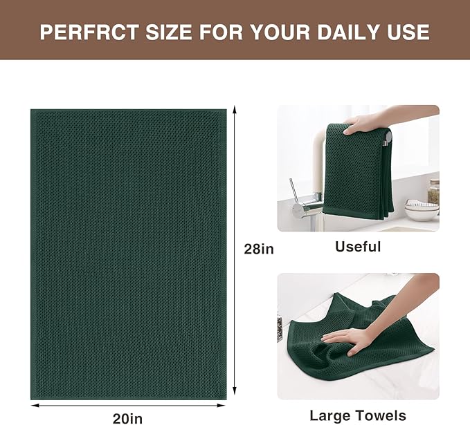 Homaxy 100% Cotton Oversized Waffle Weave Kitchen Dish Towels, Ultra Soft Absorbent Quick Drying Cleaning Towel, 20x28 Inches, 8-Pack, Blackish Green