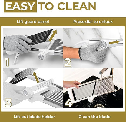 Gramercy Adjustable Mandoline Food Slicer, Mandoline Slicer for Kitchen, Mandolin, Potato, Tomato, Carrot, Vegetable, Fruit and Onion Cutter - Stainless Steel - INCLUDING 1 Pair Cut-Resistant Gloves