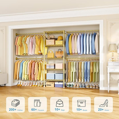 Ulif M2 Wall-Mounted Clothes Rack, Metal Closet System with 4 Expandable Hanger Rods and 5 Metal Shelves, Mount-on-Wall Clothing Storage Organizer in (70.8-102.3)" L x 14.5" D x 71.2" H, Gold