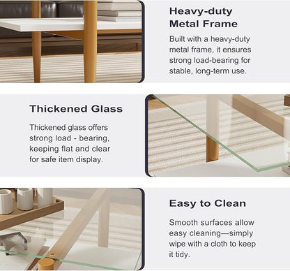 Glass Coffee Table, Rectangle Living Room Center Table with Golden Legs, Mid-Century Modern Accent Tables with Open Shelf for Living Room, Office, White