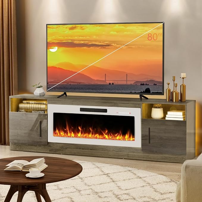 LEMBERI 70" Grey TV Stand with 36" White Electric Fireplace, 750W/1500W Entertainment Center for TVs up to 80", 20-Color LED, 300lbs Max Capacity High Gloss Cabinet, Grey & White Style