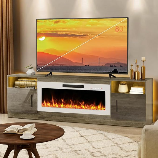 LEMBERI 70" Grey TV Stand with 36" White Electric Fireplace, 750W/1500W Entertainment Center for TVs up to 80", 20-Color LED, 300lbs Max Capacity High Gloss Cabinet, Grey & White Style