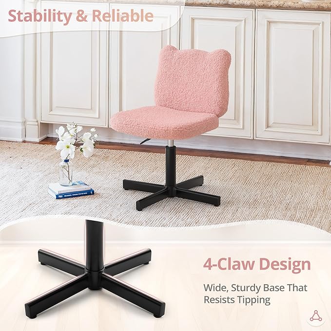 LUE BONA Adjustable Vanity Stool Chair with Girly Bear Ear Wide Back, 360° Swivel Vanity Stool for Makeup Room, Upholstered Teddy Velvet Ottoman for Girls, 350lbs, Pink