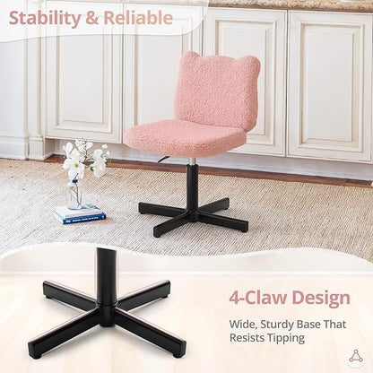 LUE BONA Adjustable Vanity Stool Chair with Girly Bear Ear Wide Back, 360° Swivel Vanity Stool for Makeup Room, Upholstered Teddy Velvet Ottoman for Girls, 350lbs, Pink