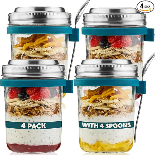 Overnight Oats Containers with Lids & Spoons - Stainless Steel Lid Leakproof Glass Jars for Chia Pudding & Yogurt for Healthy Breakfast On-the-Go - 16oz Set with Unique Milk Line - 4 Pack