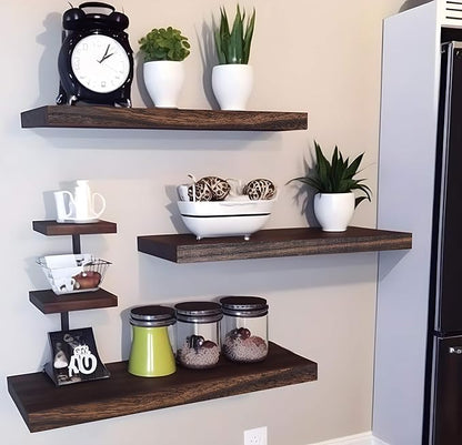 YYWUOJJ Wood Floating Shelves for Wall Decor, Rustic Wall Shelves for Bedroom Bathroom Kitchen Living Room, Set of 6 Walnut