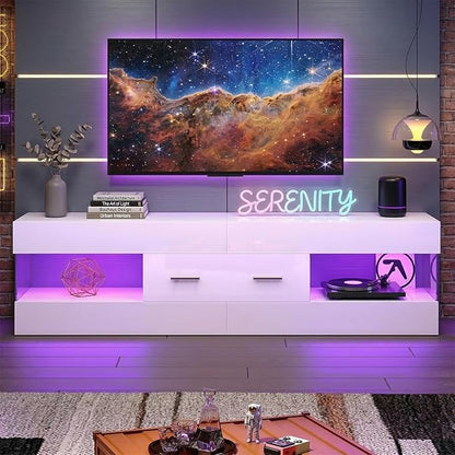 Bestier TV Stand for 55/60/65 Inch TV, High Gloss Modern TV Stand with Stone-Patterned Side Panels, LED Entertainment Center with Large Drawer, TV Consoles for Living Room, Bedroom, Glossy White