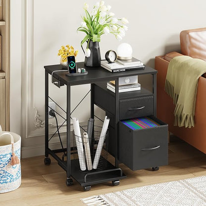 YAOHUOO Printer Stand with Power Outlet/Fabric Drawers, Printer Cabinet with Storage Shelf and Rolling Shredder Stand, Printer Table for Home Office, 25.6"×17.7" Black