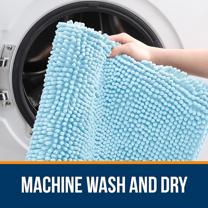 OLANLY Bathroom Runner Rugs 47x20, Soft Absorbent Chenille Bath Rugs, Rubber Backing Quick Dry, Machine Washable Long Bath Mats for Bathroom Floor, Tub and Shower, Home Decor Accessories, Sky Blue