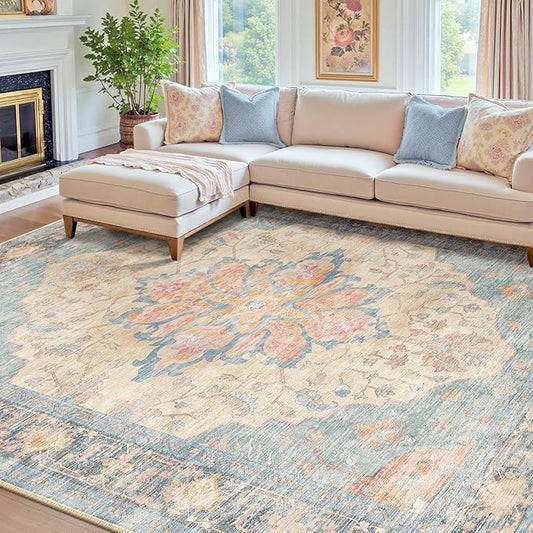 RELEANY Area Rugs 8'x10' Washable Non-Slip, Floral Vintage Distress Medallion Carpet for Living Room Bedroom Dining Room, Blue Orange Red