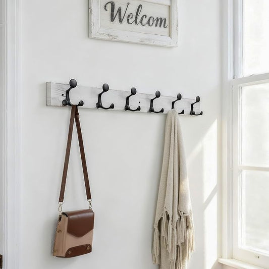 SKOLOO 36-Inch Wood Coat Rack Wall Mount with 6 Triple Hooks - Ideal for Family Entrances, Classrooms, and Pet Supplies Storage - Distressed White Wash, Pack of 2