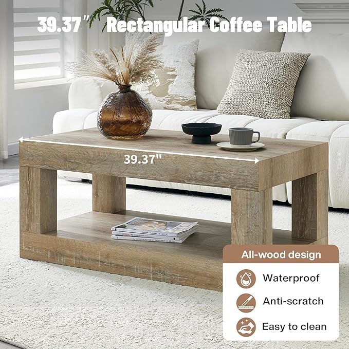 LKTART 39.37" Coffee Table with Storage, 2-Tier Mid Century Rectangular Accent Table with Thick Tabletop, Rustic Style Cocktail, Center Table for Living Room, Office, Apartment (Antique Natural)