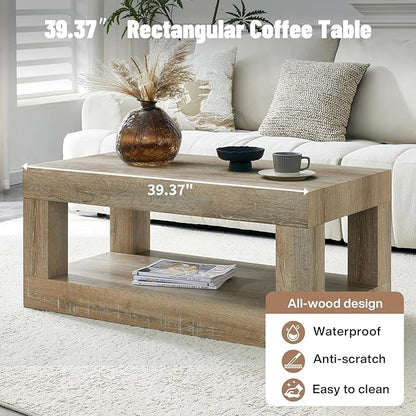 LKTART 39.37" Coffee Table with Storage, 2-Tier Mid Century Rectangular Accent Table with Thick Tabletop, Rustic Style Cocktail, Center Table for Living Room, Office, Apartment (Antique Natural)