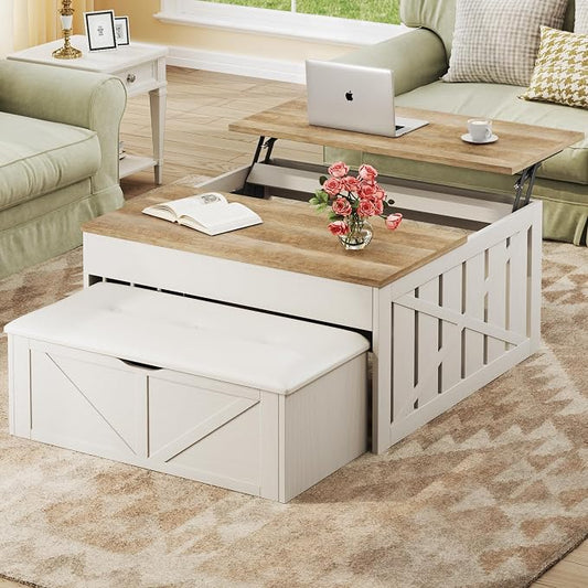 HUAHUU Lift Top Coffee Table with Storage Hidden Compartment, 31.5" Farmhouse Coffee Tables with Ottoman Bench, Center Table with Wooden Lift Tabletop for Living Room, White