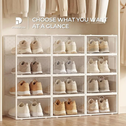 Pinkpum 12 Pcs XLarge Shoe & Sneaker Storage Organizer Box Clear Plastic Stackable Closet White