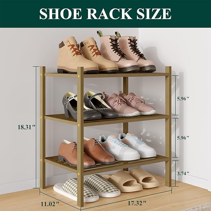 Smiry Small Bamboo Shoe Rack 3-Tier, Stackable Wooden Shoe Organizer for Entryway & Closet, Free Standing Wood Shoe Storage Shelf for Front Door & Small Spaces, Walnut