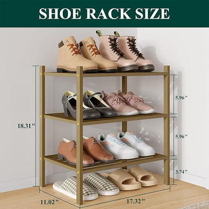 Smiry Small Bamboo Shoe Rack 3-Tier, Stackable Wooden Shoe Organizer for Entryway & Closet, Free Standing Wood Shoe Storage Shelf for Front Door & Small Spaces, Walnut