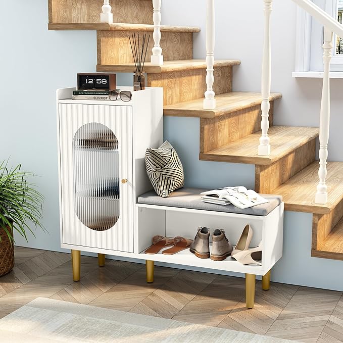 HLR Storage Bench Set of 2, White Modern Entryway Shoe Cabinet Bench with Glass Door&Shelf, L-Shaped Storage Cabinet with Padded Seat for Hallway, Bedroom, Living Room, Office