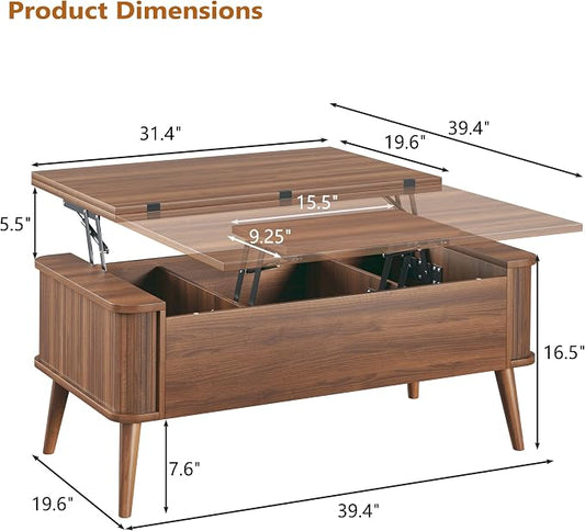 HUAHUU Lift Top Coffee Table with Storage, 40" Square Coffee Table with 3 Hidden Compartments, Modern Center Table with Lifting top, Converts to Dining Table for Living Room, Home Office, Walnut