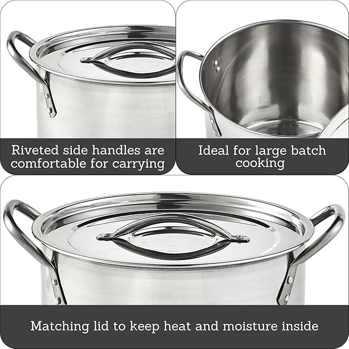 IMUSA 16 Quart Stainless Steel Stock Pot with Lid - Large Cooking Pot for Soups, Stews, Pasta, Seafood Boiling and Family Meals - Riveted Handles for Easy Transport