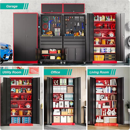 SISESOL Red Metal Storage Cabinet with Locking Doors and Shelves,Garage Storage Cabinet with Lock,Steel Locker,Lockable Cabinets for Home,Office,Shop,Garage Cabinets