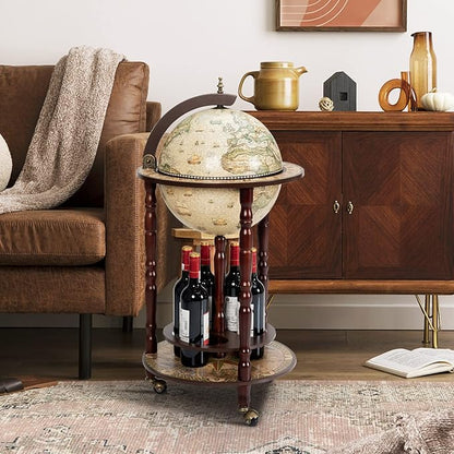 LDAILY 17.5’’ Wood Globe Bar, 16th Century Italian Replica Vintage Bar Cart with Wheels, Alcohol Cabinet with Liquor Storage, Bottom Shelf & Old World Map, Round Bar Cart for Home (Creamy White)