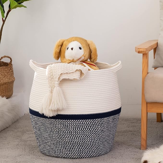 KAKAMAY Woven Baskets for Storage(17"x17"),Large Cotton Rope Basket Woven Baby Laundry Hamper,Collapsible Laundry Basket, Blanket Basket for Living Room,Nursery,Clothes, Toy chest(Navy Blue)