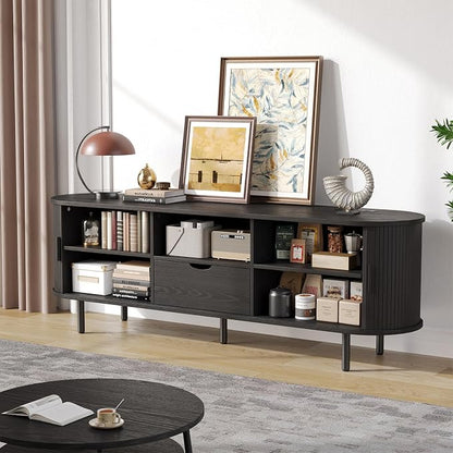 63" Mid-Century TV Stand with Power Outlet, Fluted Entertainment Center with Storage and Drawer, TV Console with Sliding Door and Adjustable Shelves, TV Stand up to 80" for Living Room, Black